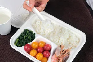 Umweltfreundliche Zellstoff-Lunchbox Detailansicht mit frischen Lebensmittelservice-Artikeln.