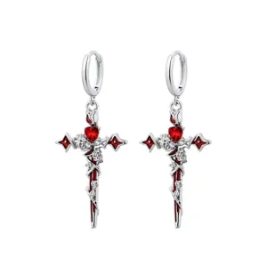 Orecchini a cerchio croce rosa scura gotica, gioielli in argento di design unico per donna.