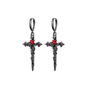 Orecchini a croce con rosa a cuore rosso scuro gotico, gioielli vintage in stile cool
