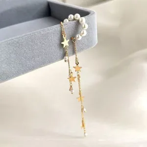 Elegant pearl star tassel ear cuff for women, non piercing clip on jewelry detail shot