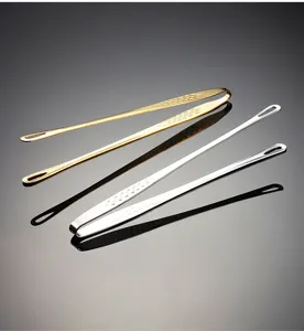 Detail view of 304 stainless steel food tongs, slender design with anti-slip grip and hanging hole.
