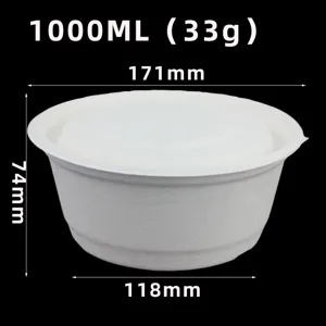 1000ml disposable bagasse paper bowl with lid eco-friendly takeout food container 171mm