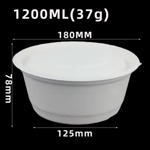 Disposable sugarcane pulp takeout bowl with lid 1200ml eco-friendly round soup container.
