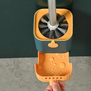Wall-mounted toilet brush with drainage tray, deep cleaning long handle brush set for bathroom.