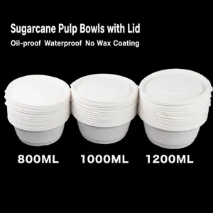 Eco-friendly disposable sugarcane bagasse paper bowls with lids in 800ml, 1000ml, 1200ml.