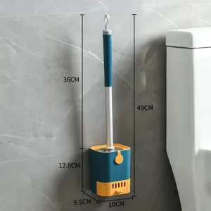 Wall-mounted toilet brush set with holder, long handle cleaning tool for bathroom use.