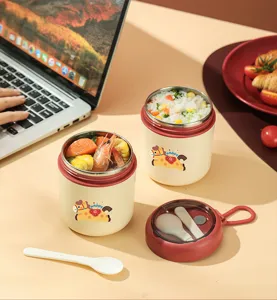 Insulated breakfast cup detail view, stainless steel food jar with spoon and cute horse design.