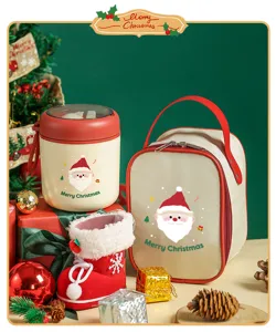 Christmas insulated soup cup and lunch bag set, portable breakfast cup with cute Santa.