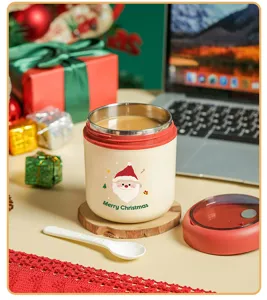Portable insulated breakfast cup with Christmas Santa design, perfect for soup, milk and oats.