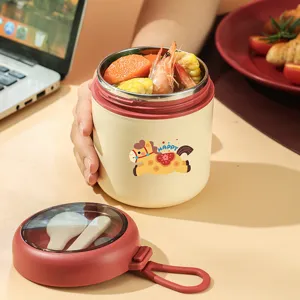 Portable stainless steel insulated breakfast cup with spoon for office and home use.