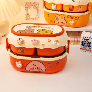 Boîte à Lunch Bento en Plastique Double Couche Mignonne Boîte à Repas Portable Compatible Micro-ondes pour Bureau École Élèves Pique-nique