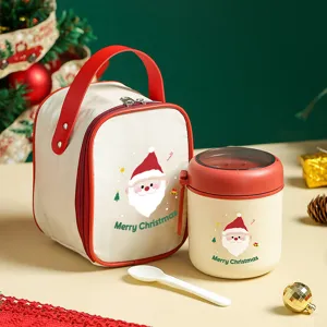 Christmas Insulated Thermos Cup Stainless Steel Portable Vacuum Flask With Spoon Cute Cartoon Breakfast Soup Mug Gift