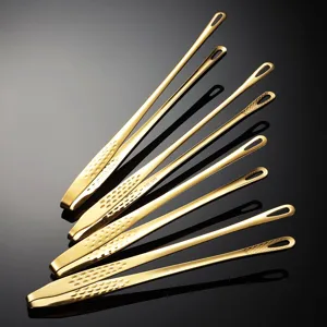 Golden 304 stainless steel food tongs set, professional kitchen BBQ and steak serving clips.