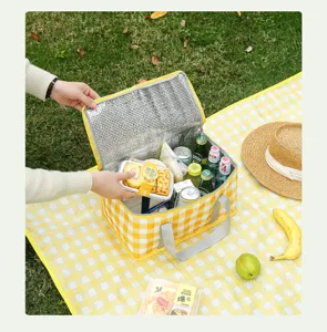 Large capacity yellow checkered insulated picnic bag for outdoor camping and daily food storage use.
