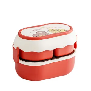Jolie boîte à bento double et compartimentée avec un design d'animaux mignons pour repas.