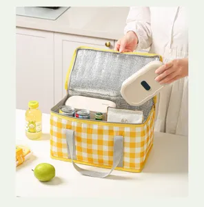 Large capacity yellow checkered insulated picnic bag portable thermal lunch box carrier.