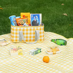 Yellow white checkered picnic basket insulated large capacity portable outdoor camping bag