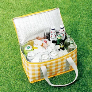 Yellow and white checkered picnic cooler bag for outdoor camping and food storage daily use.