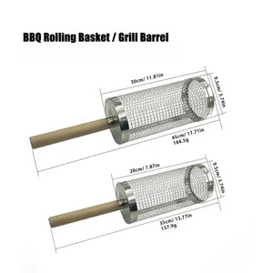Stainless steel BBQ rolling basket with wood handle, perfect for outdoor grilling and camping.