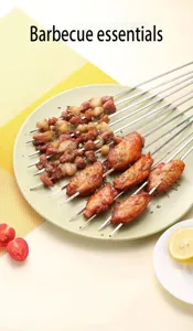 Stainless steel barbecue skewers set, 12-piece curved square outdoor grilling meat sticks.
