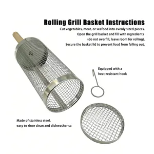 Stainless steel rolling grill basket for outdoor BBQ cooking and grilling vegetables