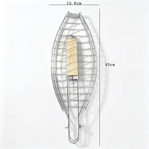 Cesta plegable para parrilla de pescado de acero inoxidable con mango de madera.