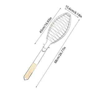 Dibujo detallado de las dimensiones de la cesta para barbacoa plegable con mango de madera.