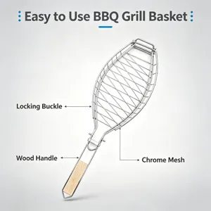 Cesta para parrilla de pescado de acero inoxidable con mango de madera para barbacoa.
