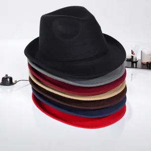 Unisex Solid Color Felt Fedora Hat Vintage British Style Short Brim Jazz Cap Winter Autumn Warm Gentleman Bowler Hat