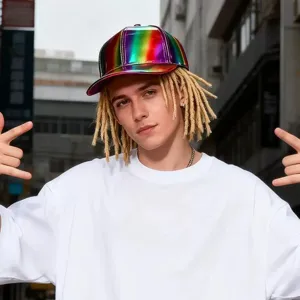 Casquette de baseball holographique en cuir PU colorée chapeau hip hop brillant détail