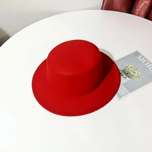 Red wool flat top fedora hat stylish autumn winter casual jazz cap for women and men