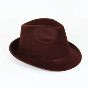 Detail view of the solid color brown wool felt fedora hat, showing fine texture and short brim.