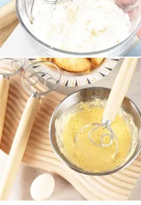 Frusta per impasto in acciaio inossidabile con manico in legno per farina e uova dettaglio