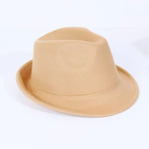 Khaki felt fedora hat detail showing rolled short brim and classic vintage British style.