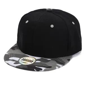 Close-up detail of the black and grey camo flat brim snapback hat with ventilation eyelets.