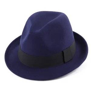 Sombrero Fedora de fieltro de lana para mujer estilo británico clásico azul marino