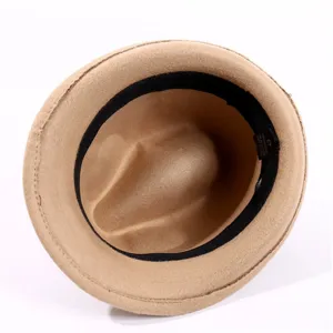 Classic camel wool felt fedora hat interior detail, retro short brim jazz hat for men.