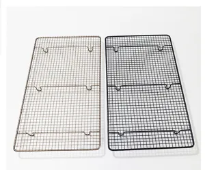 Heavy-duty stainless steel cooling rack for baking, rectangular wire mesh tray for cooling.