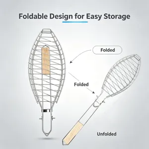 Cesta Plegable para Barbacoa de Pescado de Acero Inoxidable con Mango de Madera para Camping