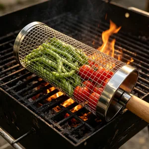 Stainless steel rolling grill basket with wooden handle for outdoor BBQ, vegetable meat tumbler.