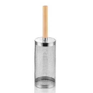 Stainless steel rolling barbecue cage with wooden handle, ideal for outdoor BBQ grill mesh.