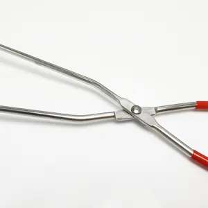 Stainless steel BBQ fire tongs charcoal clip with red handle for outdoor cooking main image view.