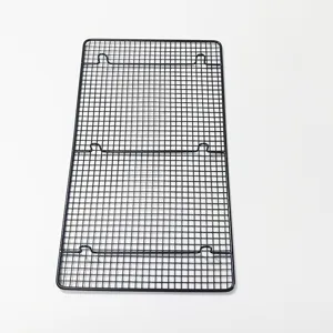 Black metal cooling rack for baking bread and cakes, durable rectangular grid wire.