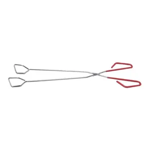 Stainless steel long BBQ tongs outdoor charcoal clamp with red anti-scald handle for food.