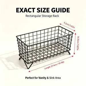 Black wire storage basket with dimensions 27.4x9.2x14.9cm for vanity and sink organization.