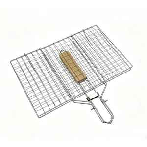 Cestello per Griglia BBQ Pieghevole Portatile Ferro Cromato Rete Metallica per Barbecue all'Aperto con Manico in Legno per Campeggio Cottura