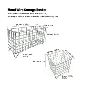 Detailed view of metal wire storage basket showing dimensions, weights and structure.