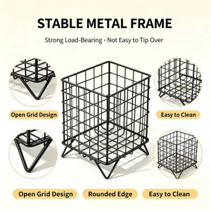 Metal mesh storage basket detail view showing stable frame, open grid design and legs.