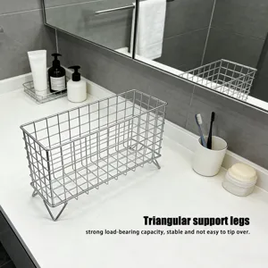 Silver metal wire mesh storage basket with triangular legs for home and cosmetic organization.