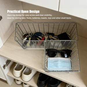 Silver metal wire mesh storage basket detail showing daily items organization on shelf.